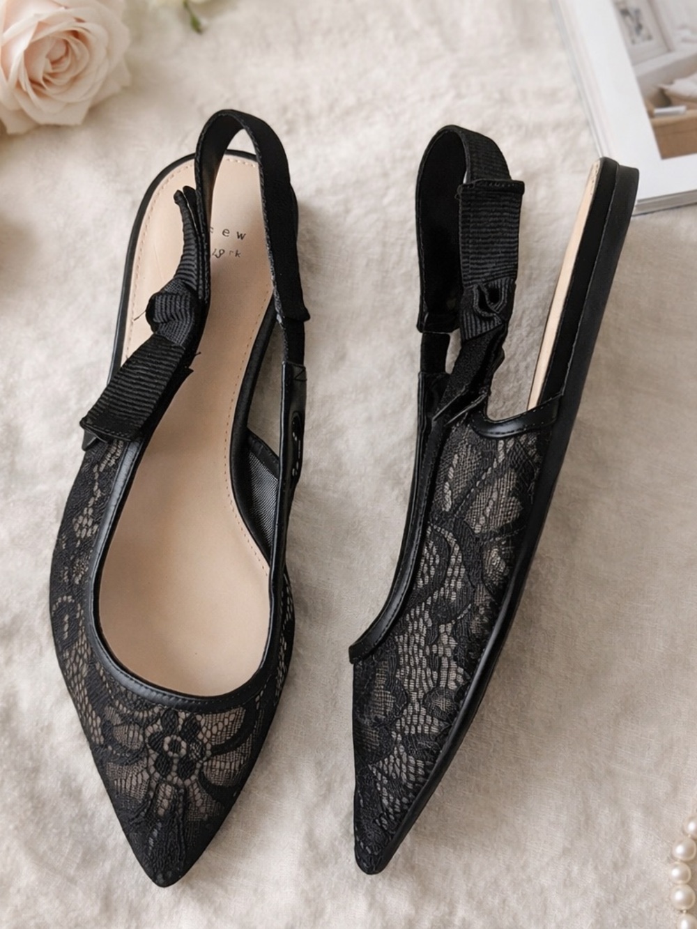 Black Lace Slingback Flats with Bow - Women Shoes elegant classy size 10